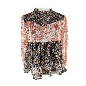 Greige Multicolor Mixed Print Paisley Smocked Boho Blouse